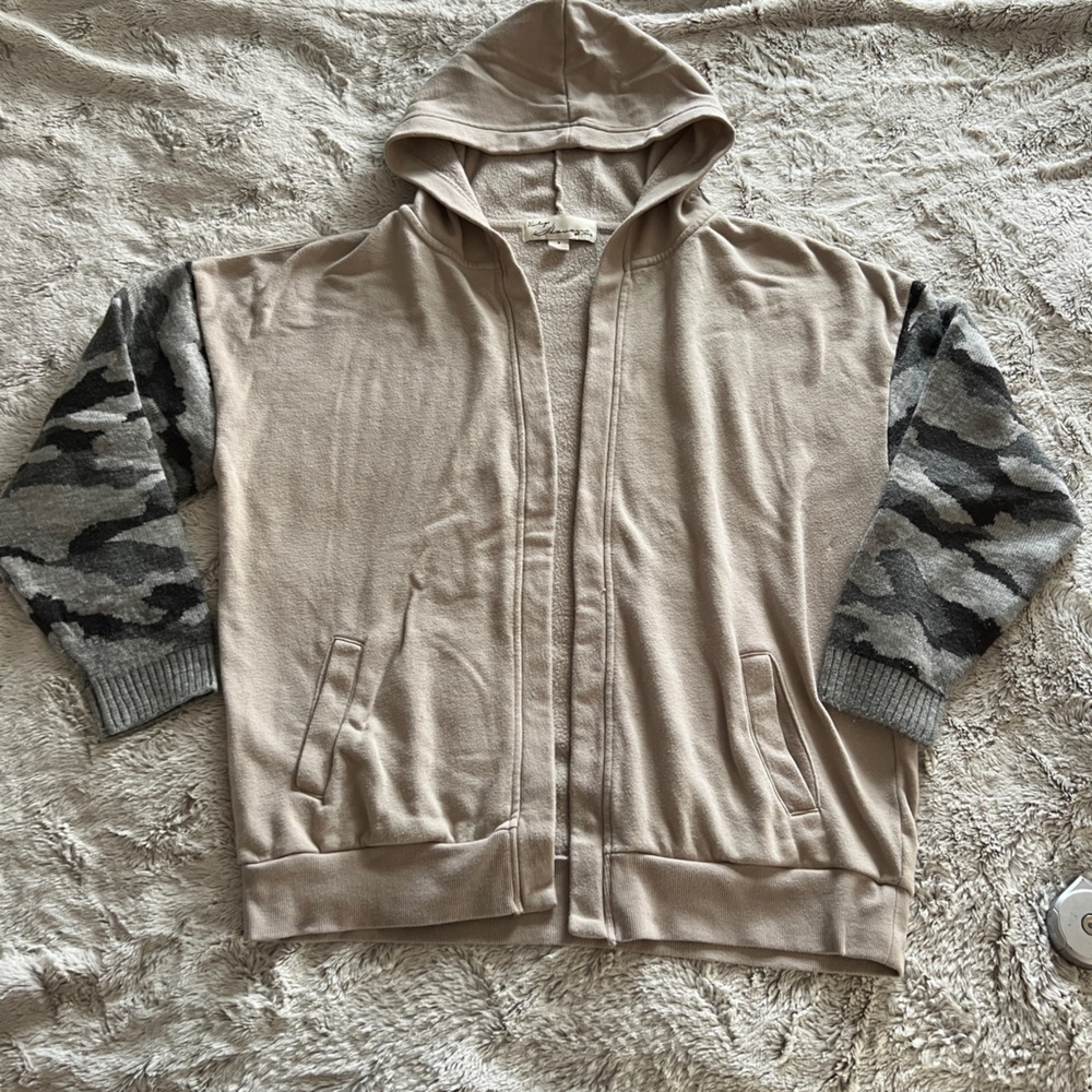 Vintage Havana Tan Hoodie with Gray Camouflage Sleeves